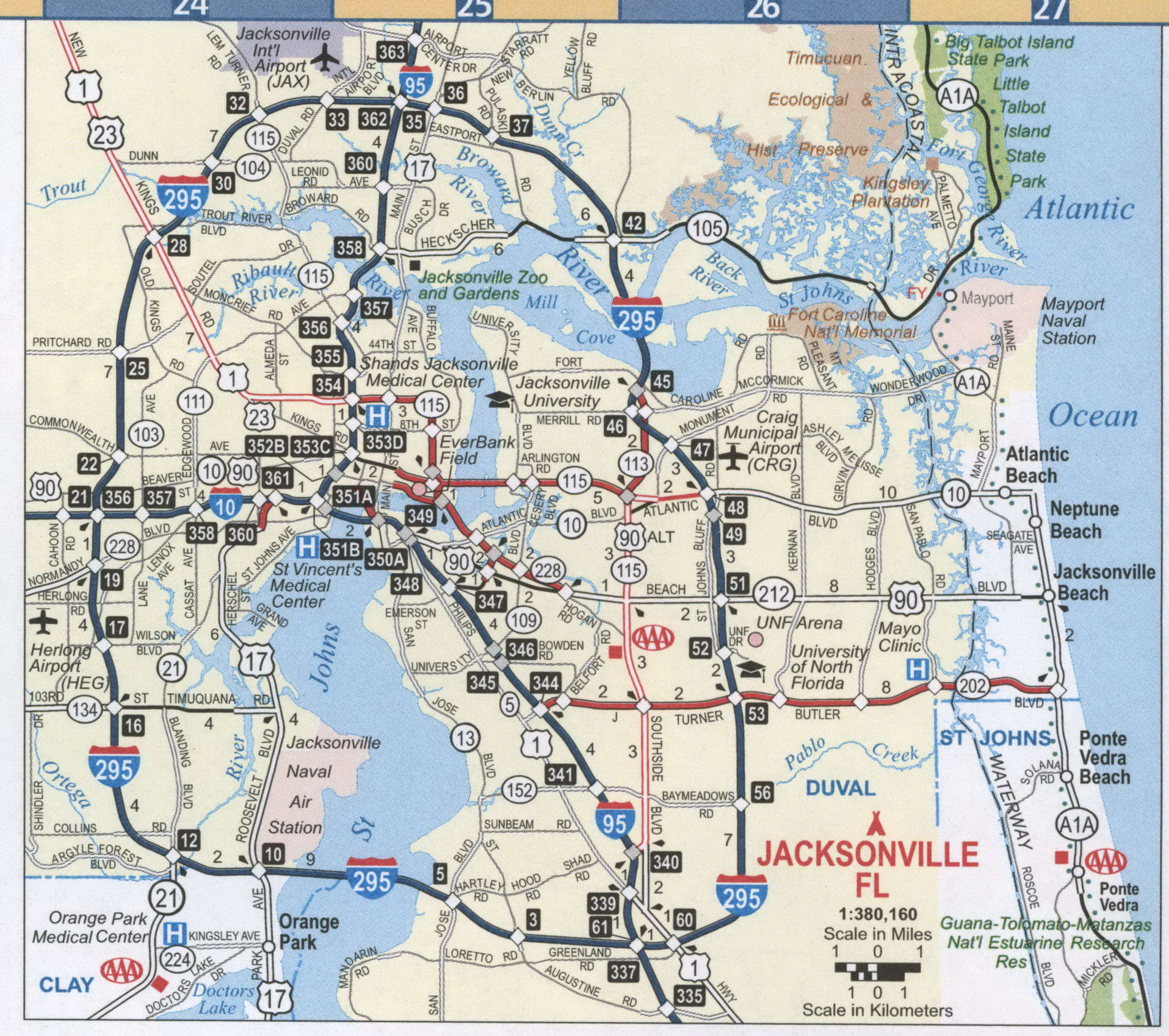 Jacksonville FL road map, Free map highway Jacksonville city