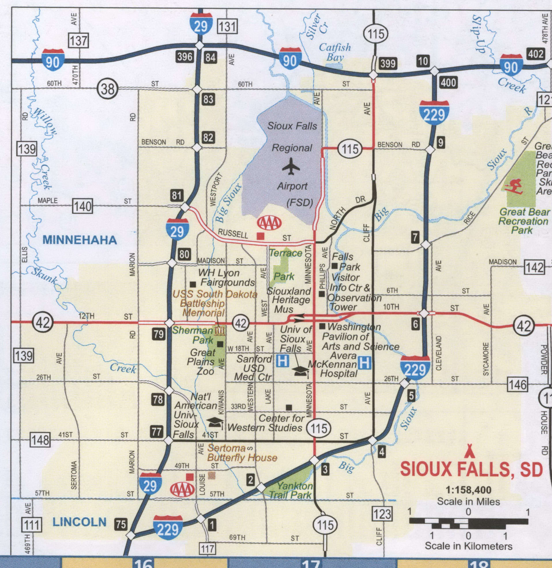 Sioux Falls SD roads map, map highway Sioux Falls city surrounding area