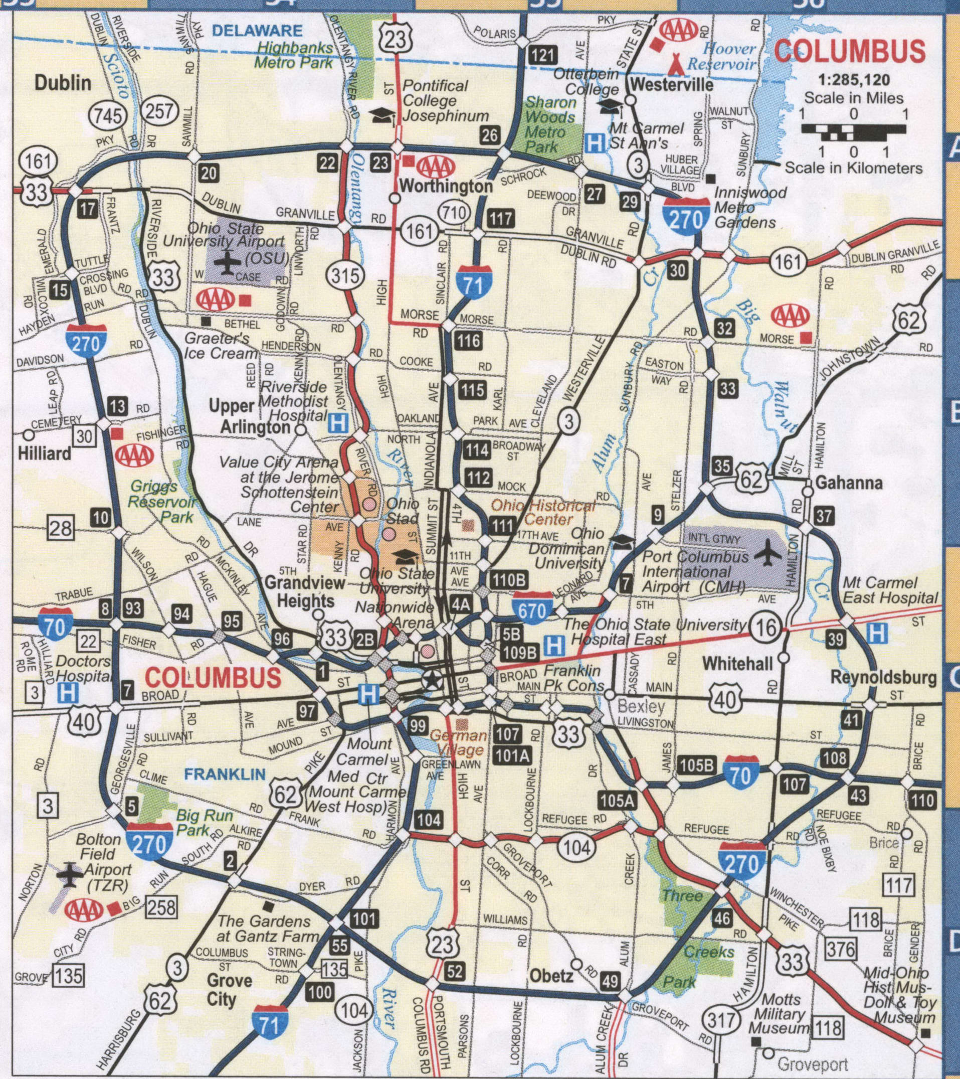 Columbus OH roads map, free printable map highway Columbus city